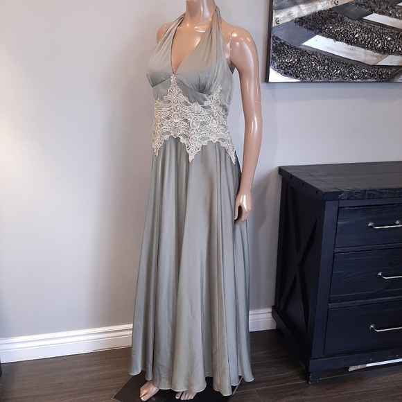 Vintage Joseph Ribkoff Halter Dress Sage Green Gold Crochet Maxi Sleeveless Gown - Picture 4 of 16